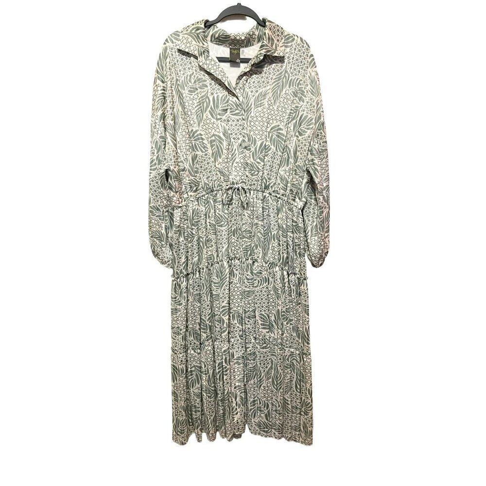 Taylor Palm Floral Drawstring Long Sleeve Tiered Maxi Dress Size XL NWT